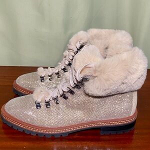 •KATE SPADE• ROSALIE GOLD Metallic Faux Fur Ankle Lace Up Bootie SIZE 9.5 M